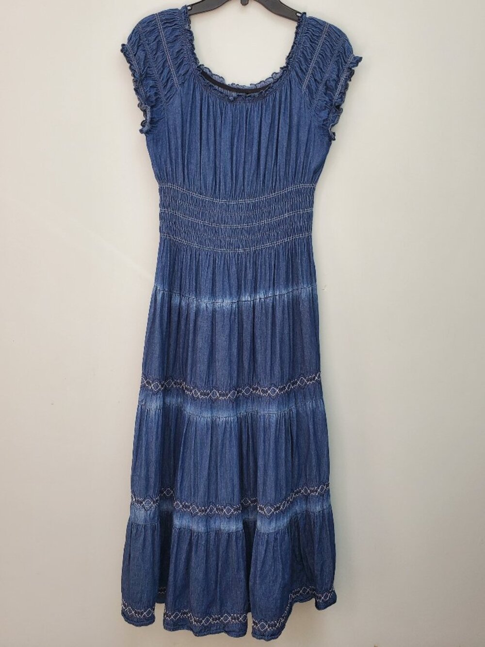 Indigo & Lace 100% Cotton Blue Denim Smocked Tiered Maxi Peasant Dress Size M